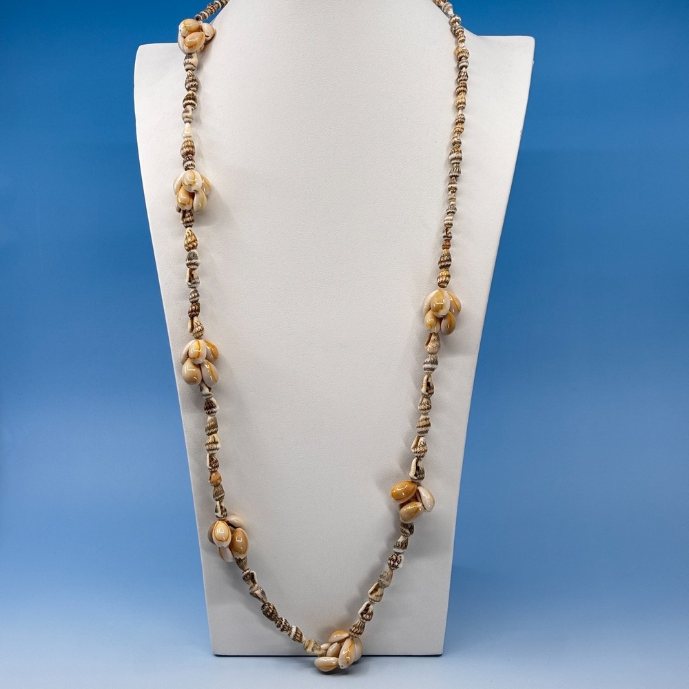 Cowrie Shell Cluster Necklace Long Cream Brown Boho Coastal Beach Statement